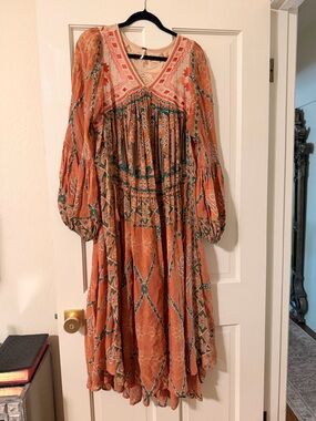 Free People Rust Orange Floral Boho Long Sleeve Midi Dress